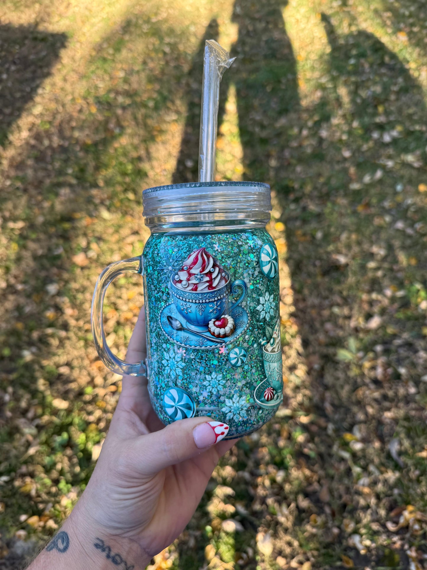 Hot Chocolate and Peppermint 20oz SnowGlobe Mason Jar