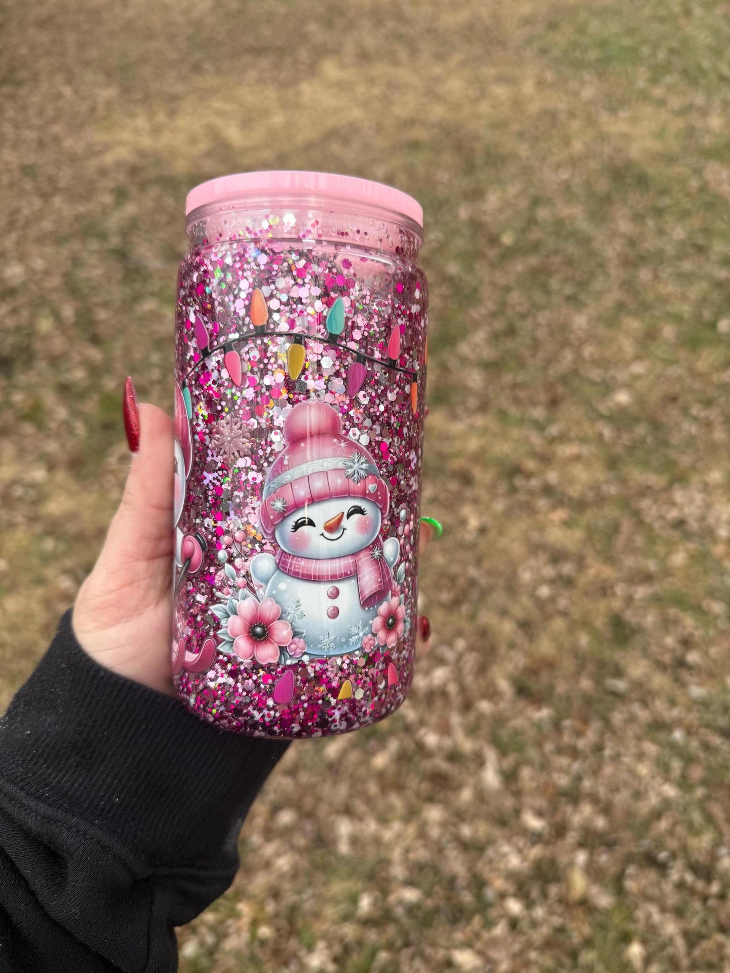 Pink Snowman SnowGlobe Drinkware