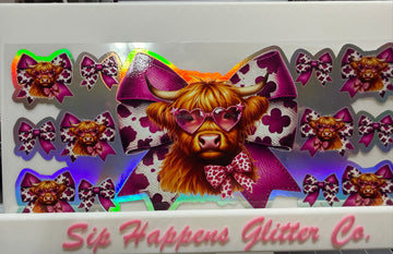 4256 - Purple Bow Highland cow Holographic UV-DTF 16oz Cup Wrap