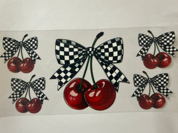 3688 - Checkered cherry bows UV-DTF 16oz Cup Wrap