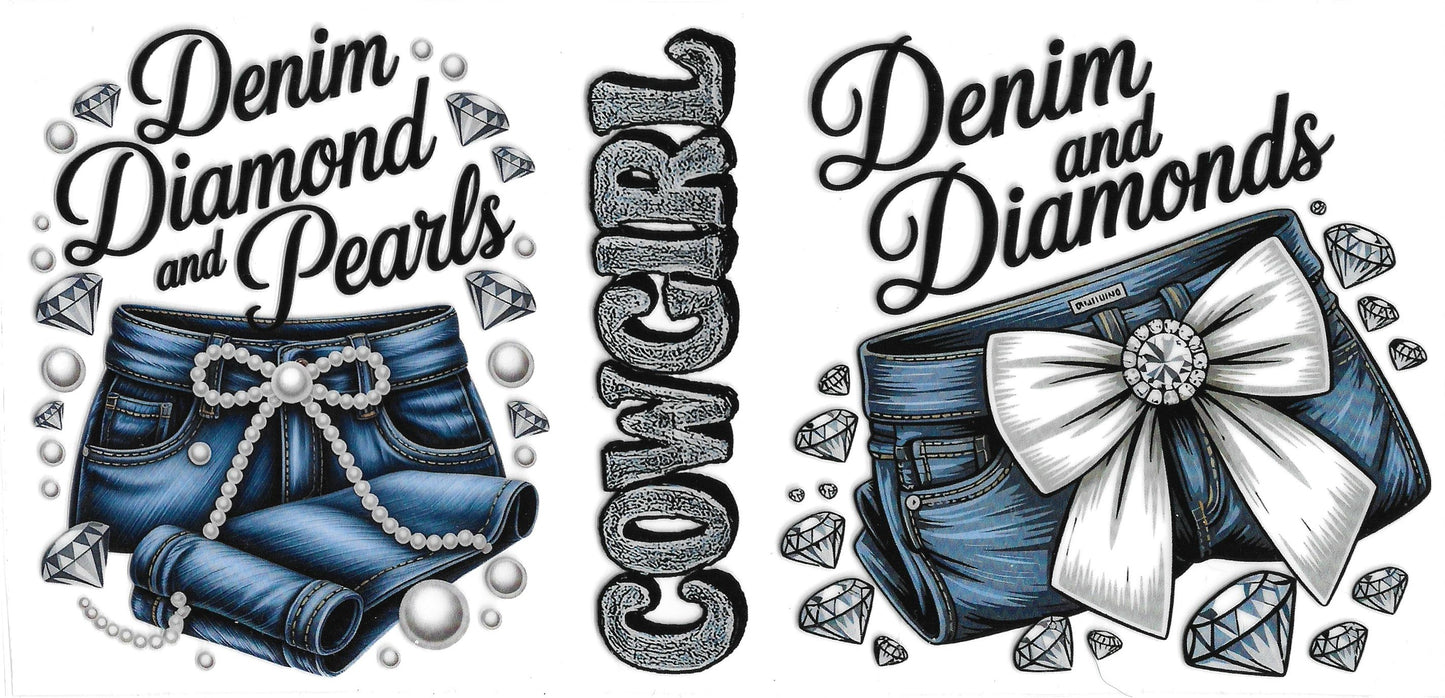 622 - Denim Diamond & Pearls UV-DTF 16oz Cup Wrap