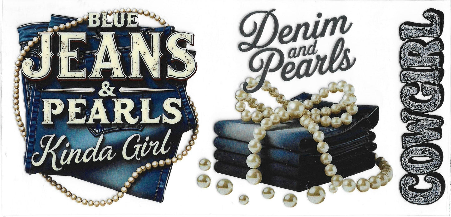 513 - Blue Jeans & Pearls Kinda Girl UV-DTF 16oz Cup Wrap