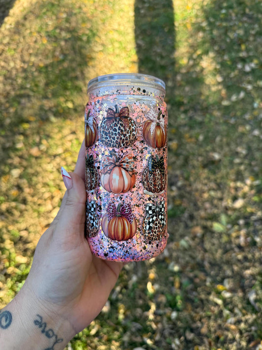 Snow Globe Tumbler: 16oz Acrylic Can with Orange Pumpkins