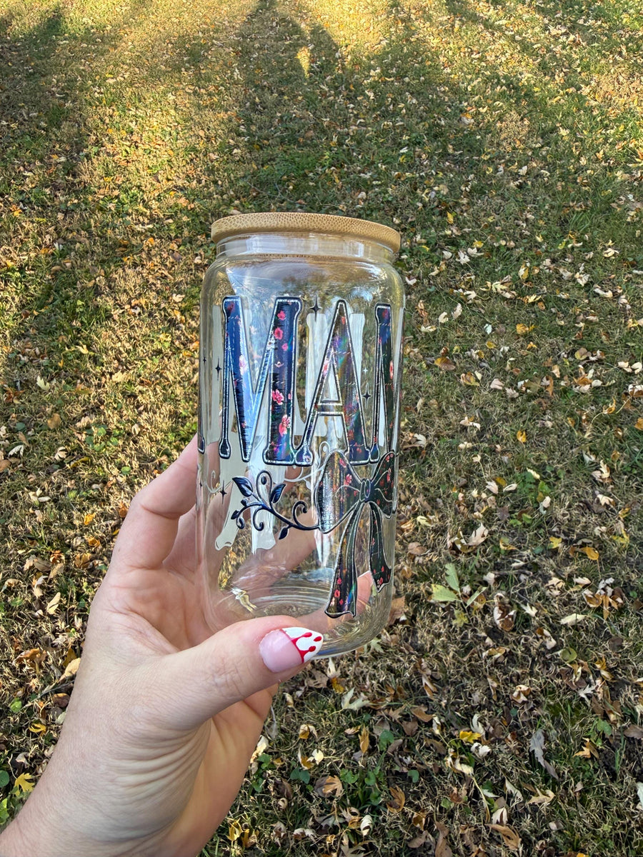 Holographic Mama Glass Can Cup, Mother's Day Gift, Bow Design