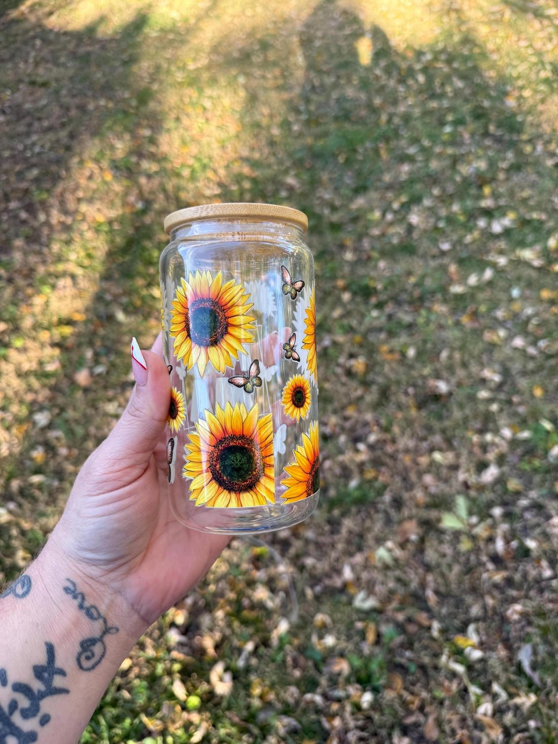 Handmade Sunflower Mama Glass Can Cup, Floral Drinkware