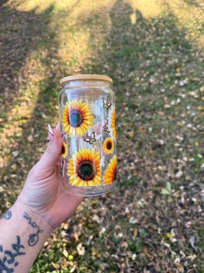 Handmade Sunflower Mama Glass Can Cup, Floral Drinkware