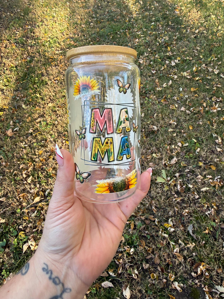 Handmade Sunflower Mama Glass Can Cup, Floral Drinkware