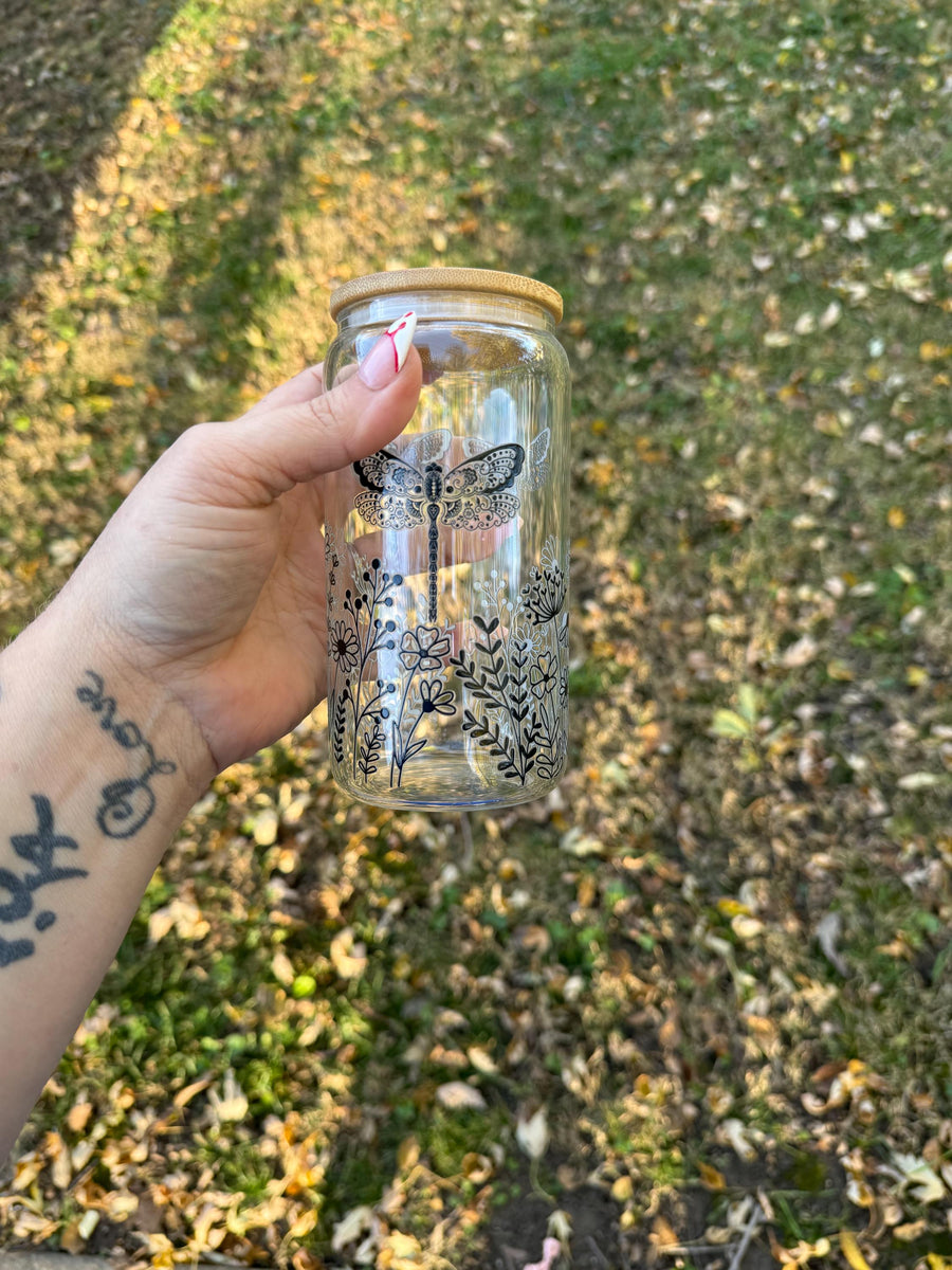 Black Floral Dragonfly Glass Can Cup: Reusable 16oz Drinkware