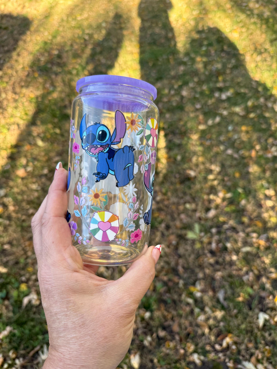 Stitch 16oz Glass Can Cup, Cute Cup, Disney Stitch Can Glass, Novelty Drinkware, Gift For Stitch Fans, BPA-Free