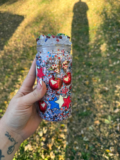 Stars And Cherries Snowglobe Acrylic Cup, 16oz Cup With Lid, Straw Included, Care Instructions, Fun Drinkware
