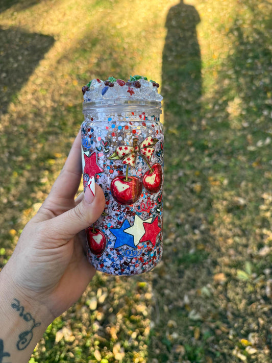 Stars And Cherries Snowglobe Acrylic Cup, 16oz Cup With Lid, Straw Included, Care Instructions, Fun Drinkware