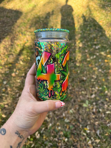 Glow in the Dark 420 Snow Globe Tumbler, Handmade Tumbler, Gift for Him, Unique Drinking Mug, Green Glow Cup, Gift for Her