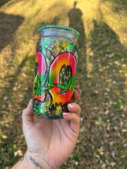 Glow in the Dark 420 Snow Globe Tumbler, Handmade Tumbler, Gift for Him, Unique Drinking Mug, Green Glow Cup, Gift for Her