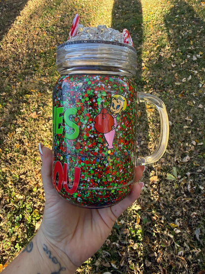 In a world full of grinches be a Cindy Lou 20oz mason jar snowglobe